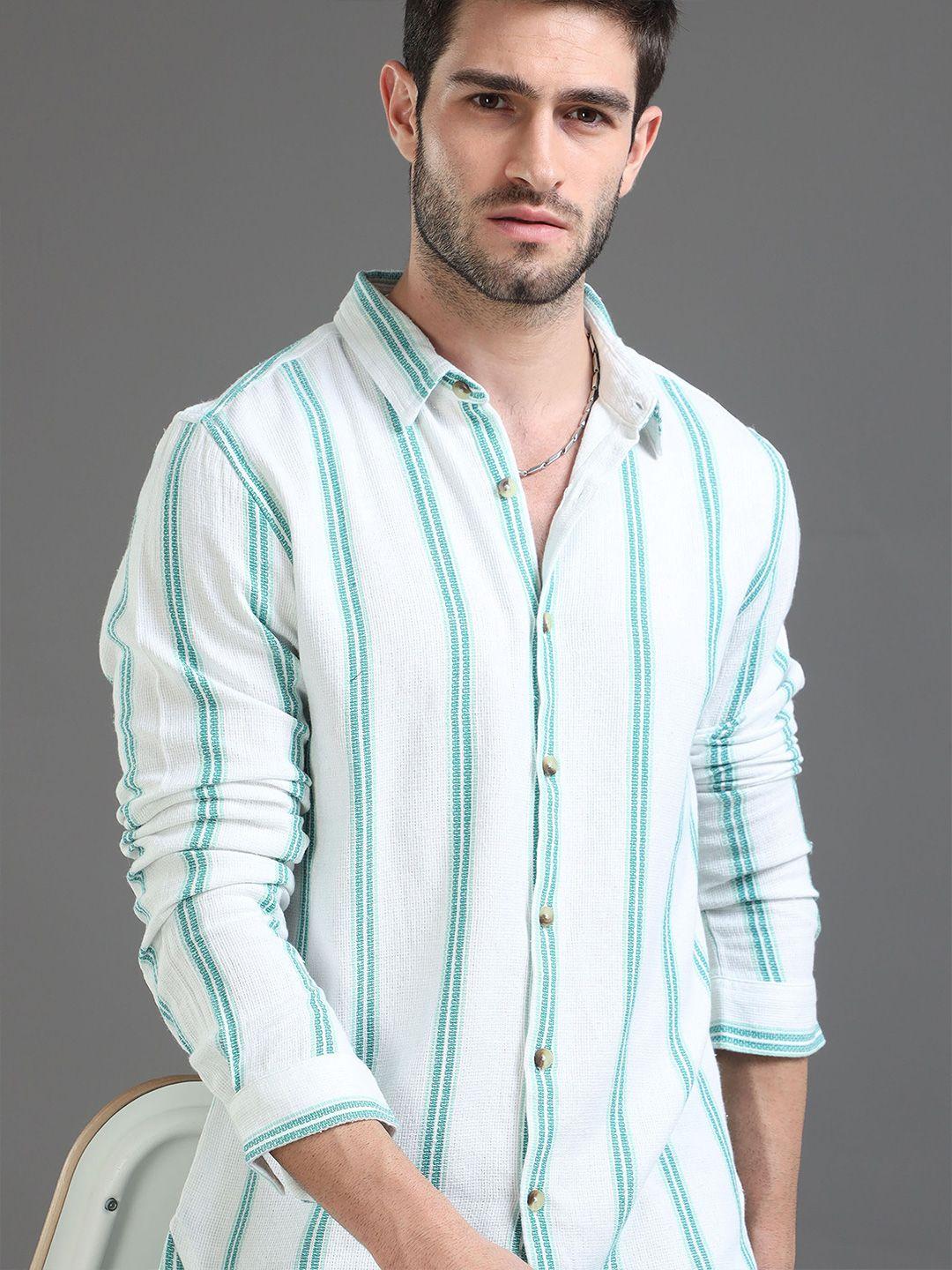 here&now slim fit vertical striped cotton casual shirt