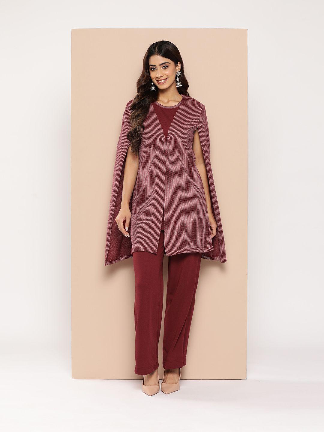 here&now solid knitted kurta with palazzos & self-striped shrug