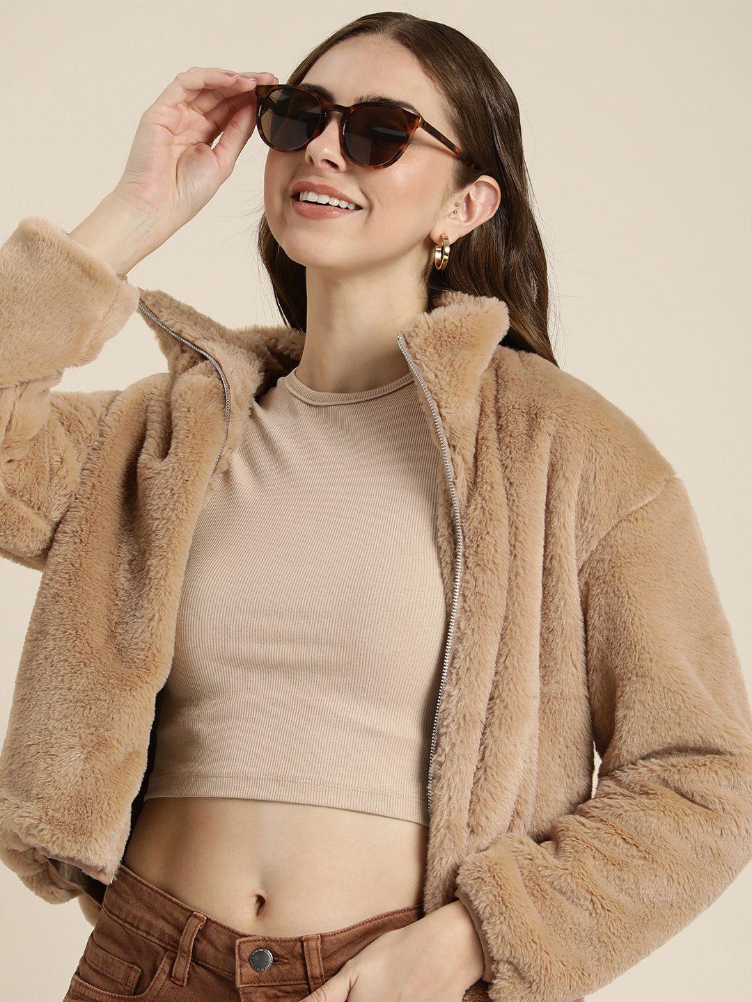 here&now solid mock-collar tailored fur jacket