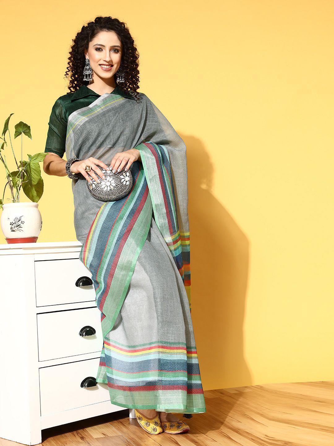 here&now solid pure linen saree with striped border