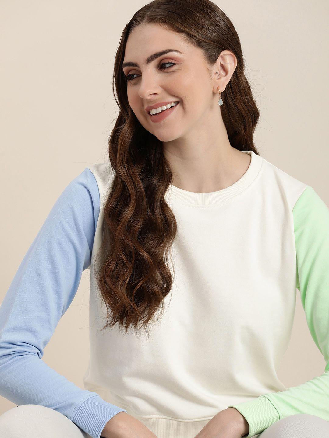 here&now solid round neck contrast sleeves sweatshirt