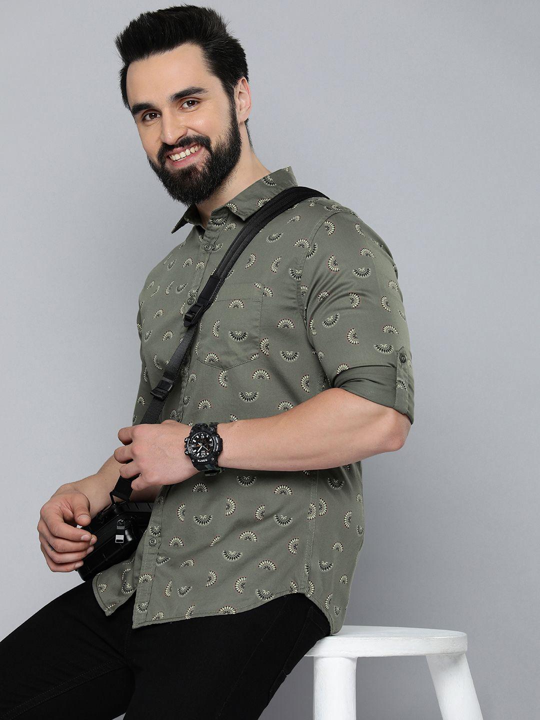 here&now spread collar ethnic motifs printed slim fit pure cotton casual shirt