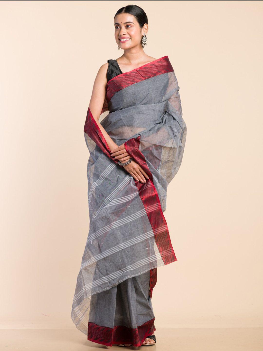 here&now steel & red pure cotton taant saree