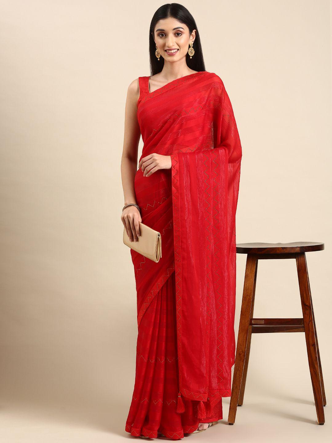 here&now striped embellished stones-studded saree