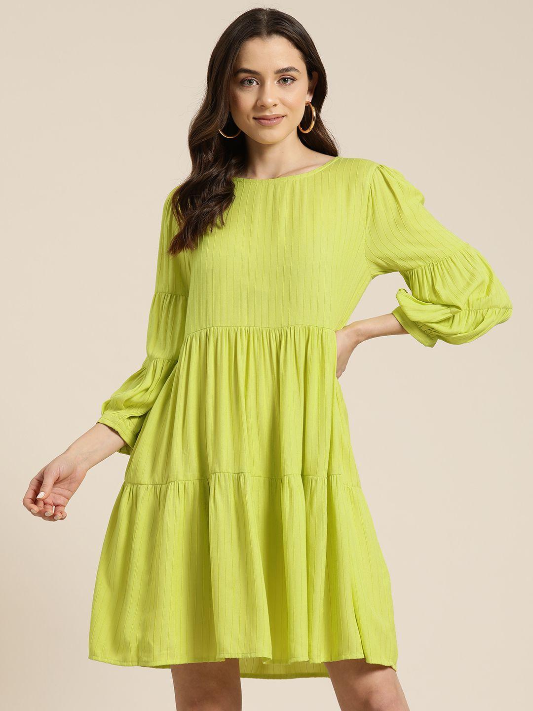 here&now striped puff sleeves tiered a-line dress