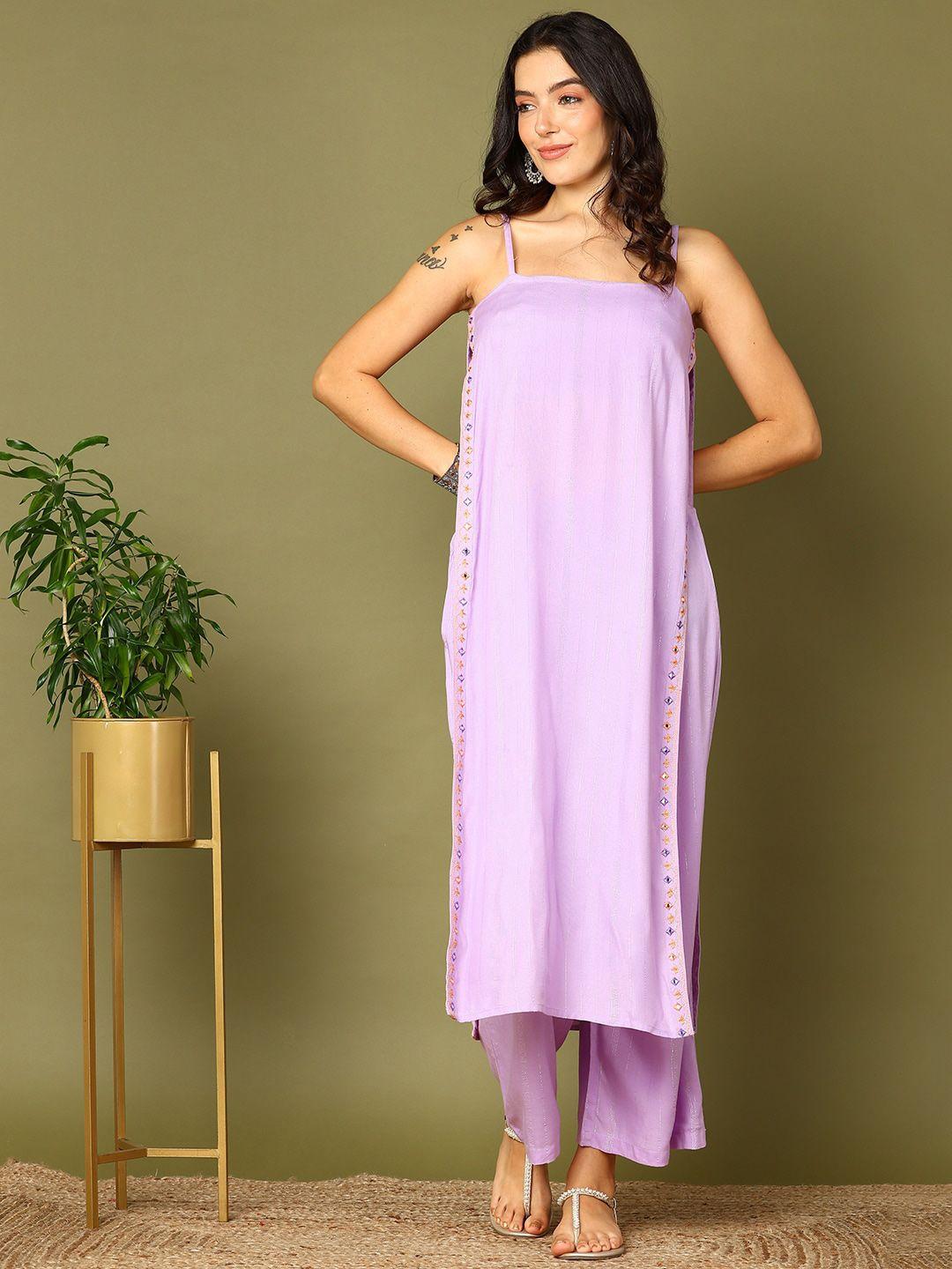 here&now striped shoulder straps high slit straight kurta with palazzos