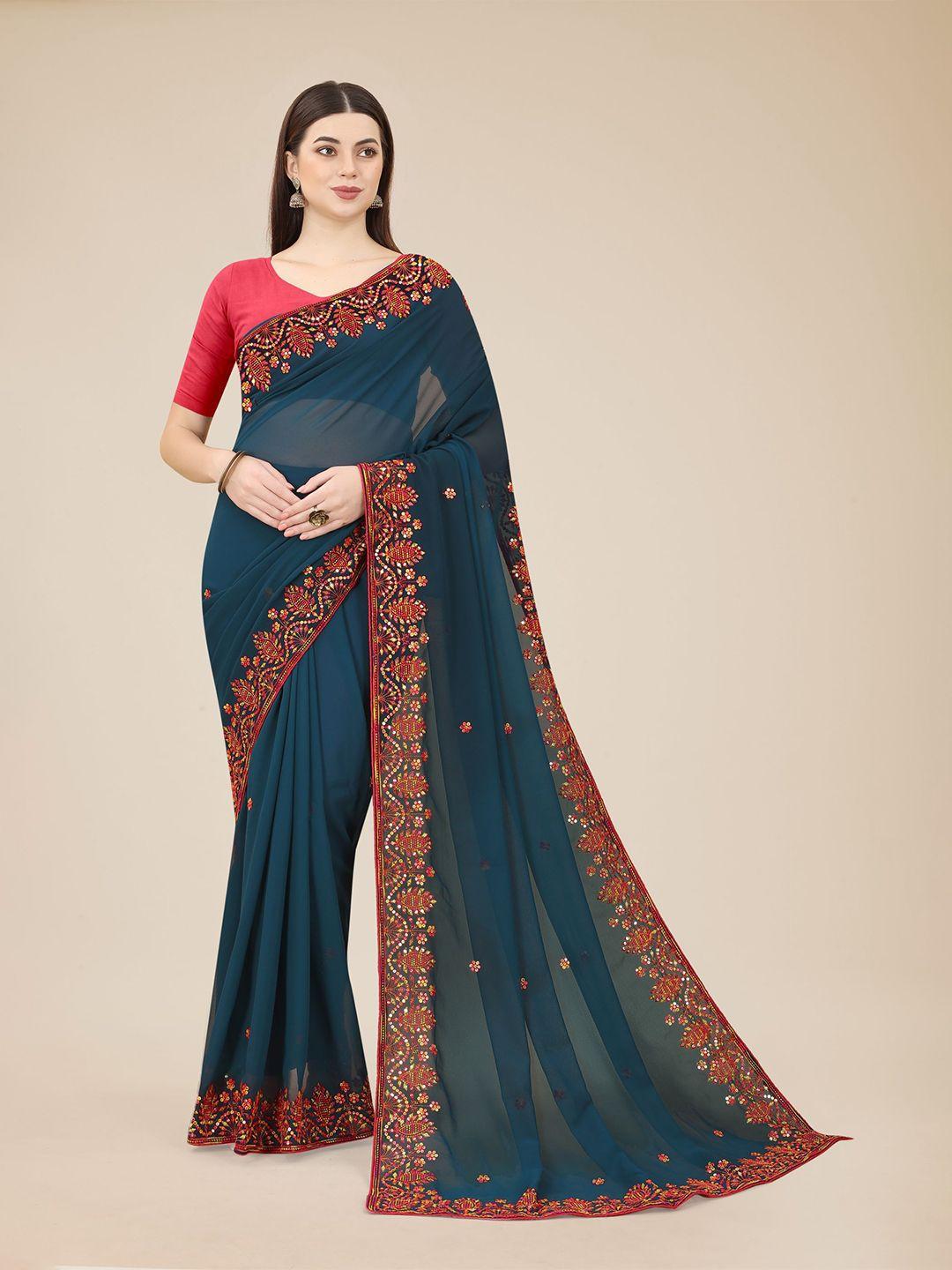 here&now teal & red ethnic motifs embroidered poly georgette saree