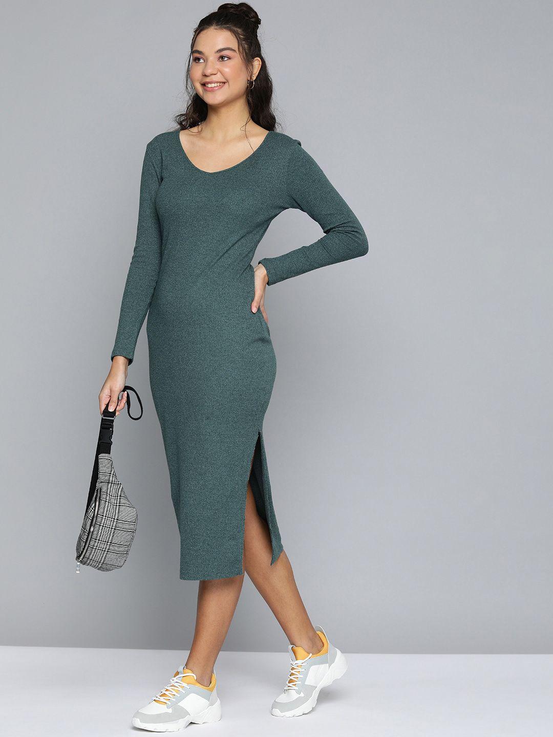 here&now teal blue ribbed bodycon midi dress