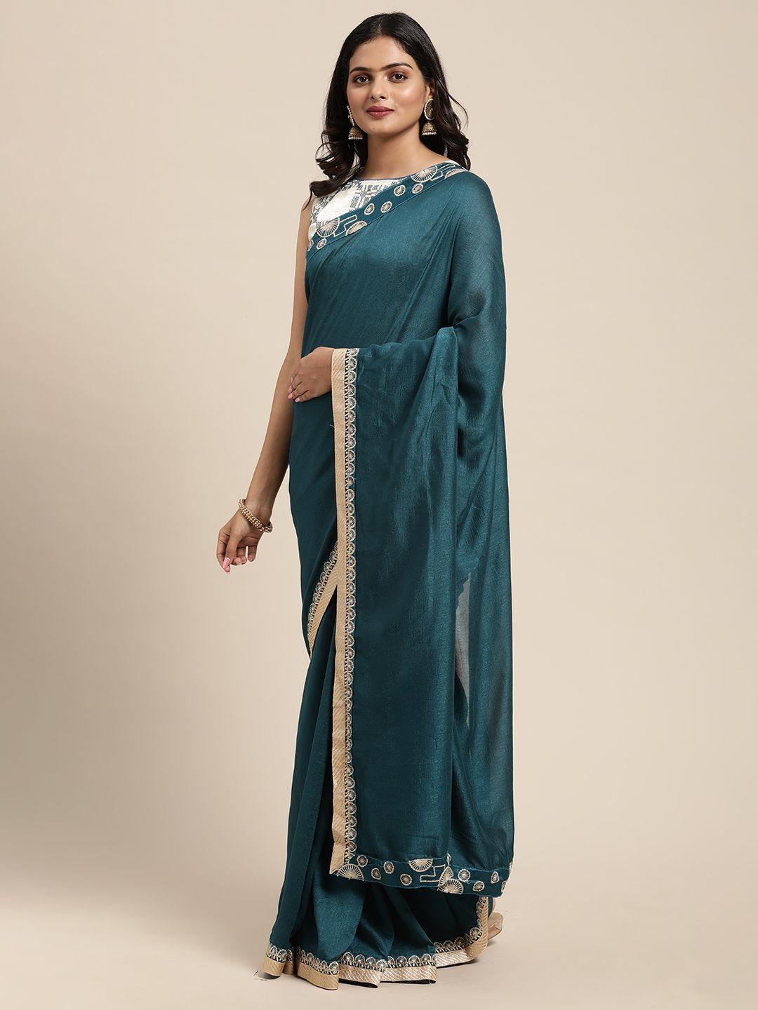 here&now teal embroidered silk blend saree