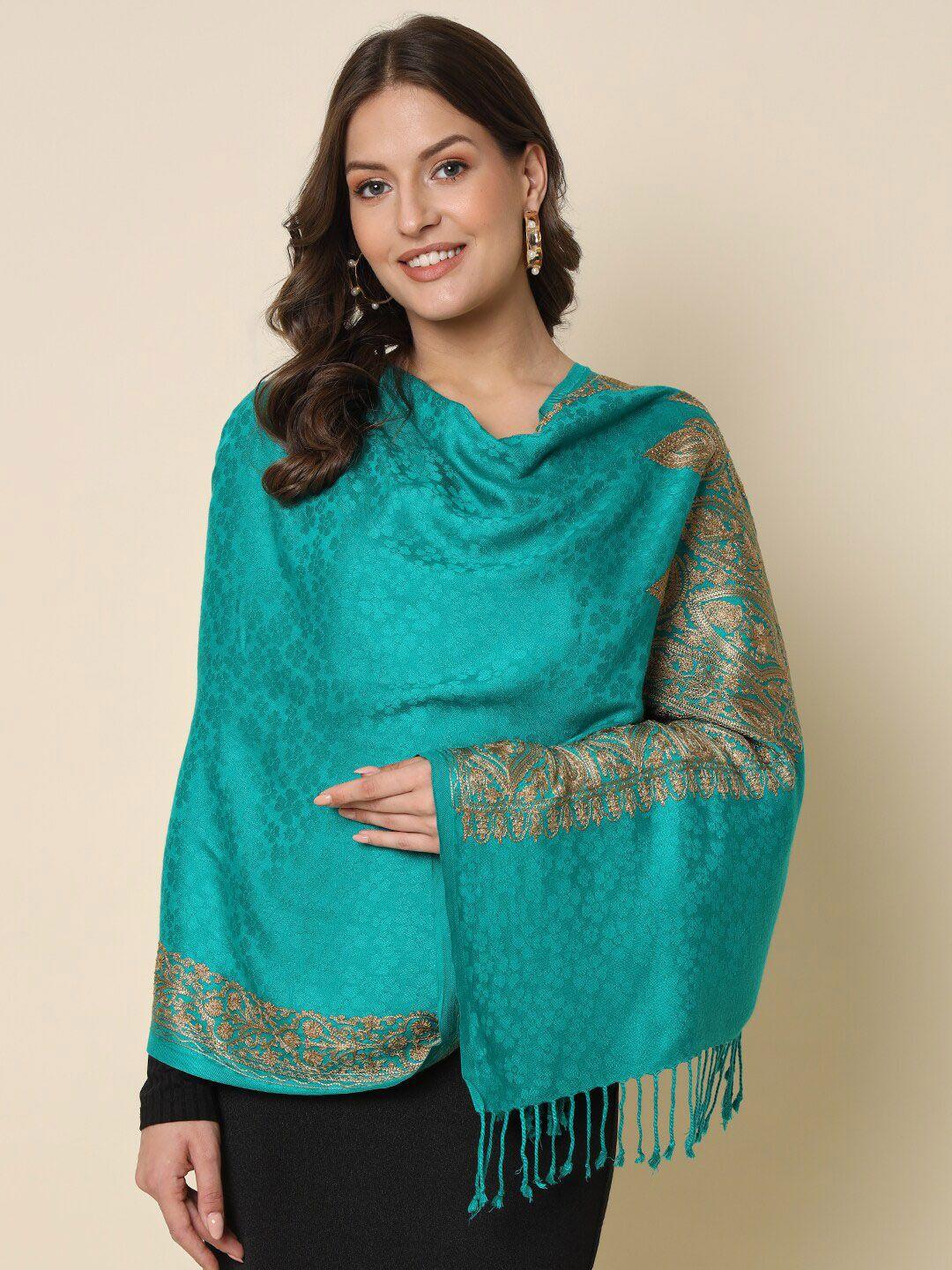 here&now teal ethnic motif embroidered shawl