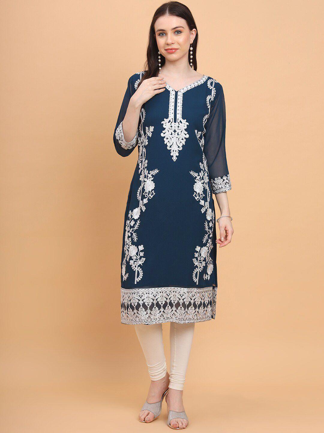 here&now teal ethnic motifs embroidered georgette kurta