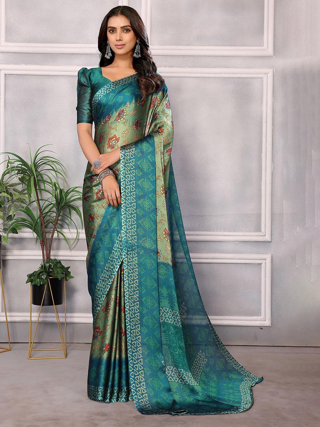 here&now teal floral pure chiffon designer saree