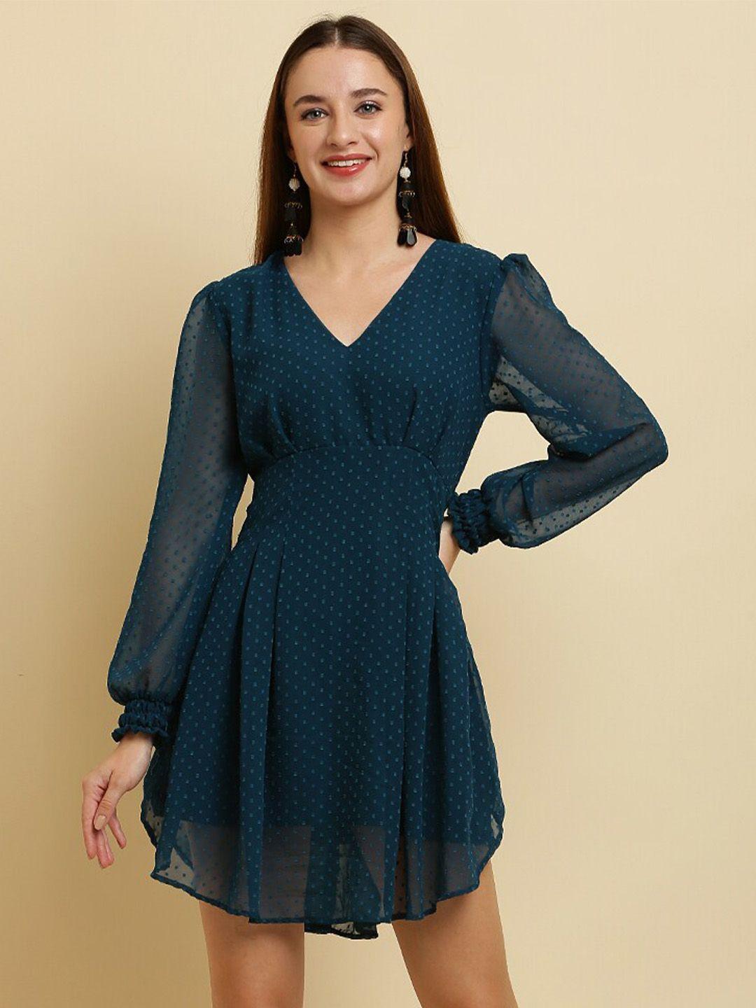here&now teal polka dot puff sleeve chiffon fit & flare dress