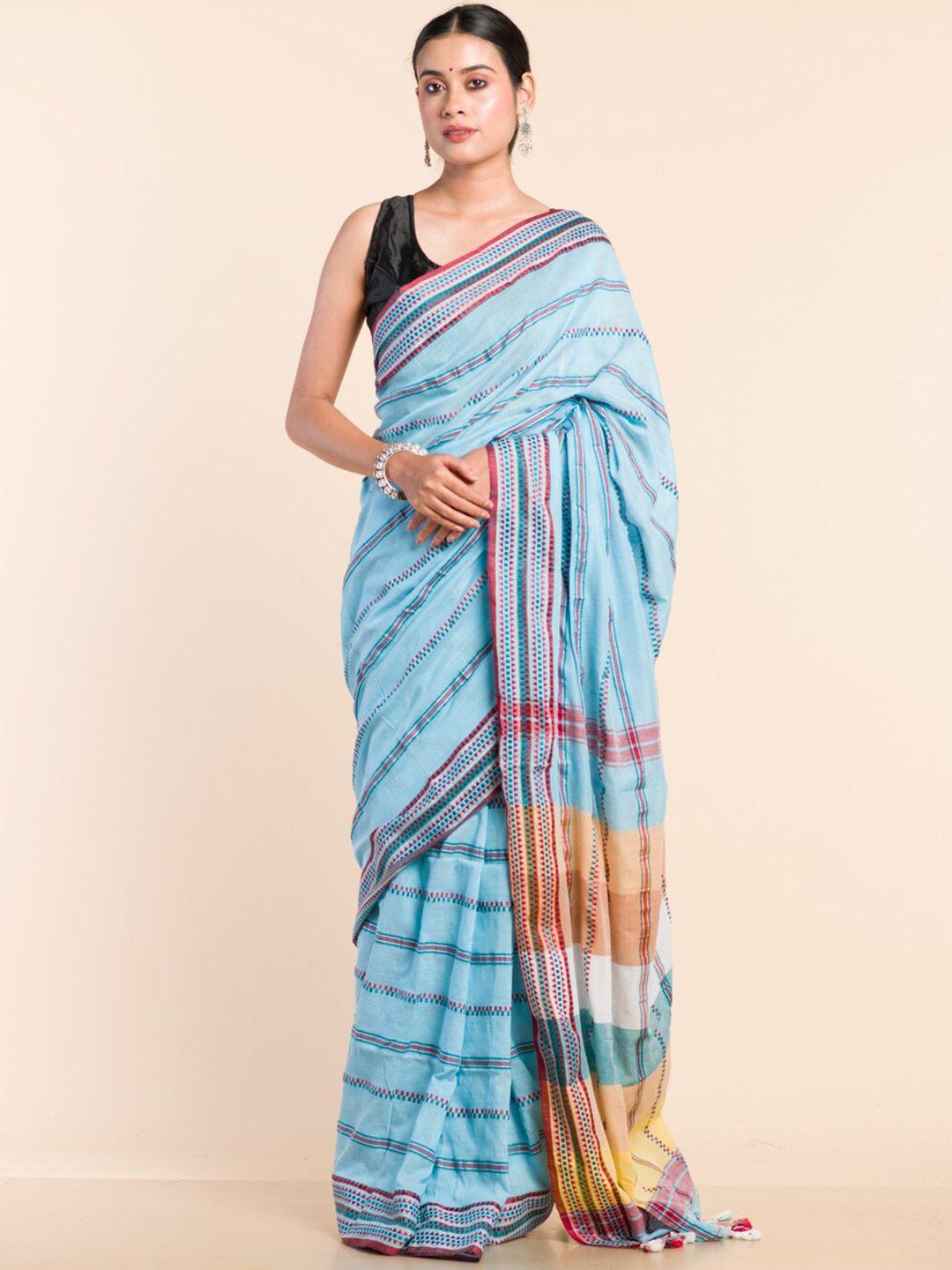 here&now turquoise blue & yellow woven design pure cotton khadi saree