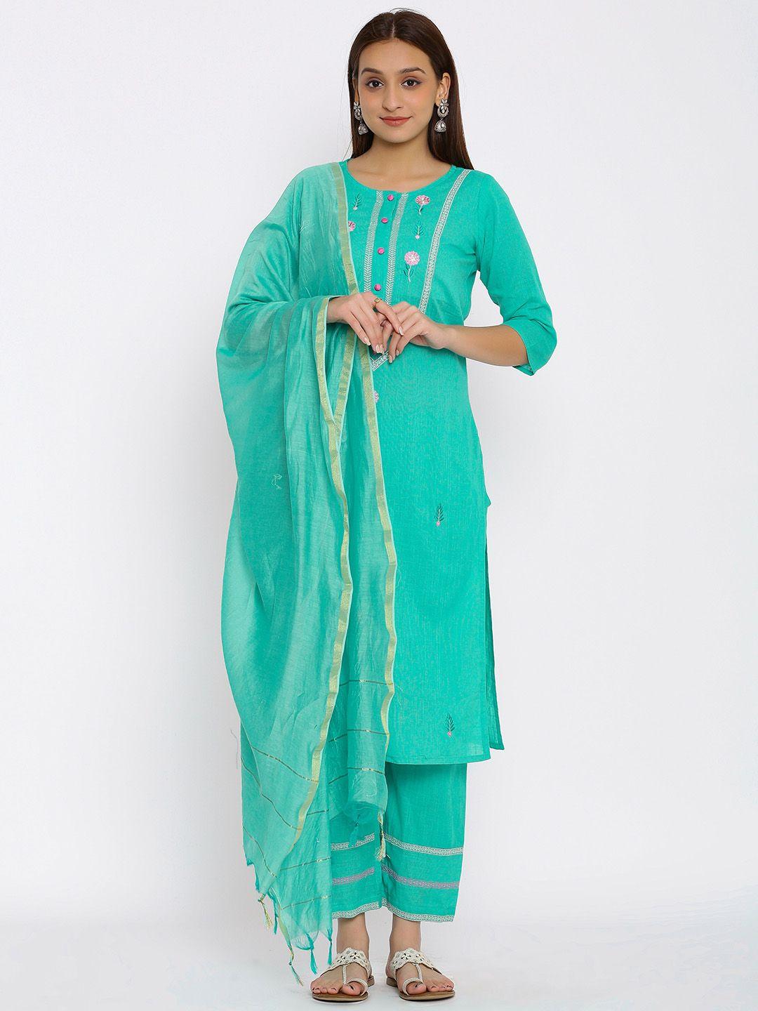 here&now turquoise blue floral embroidered regular kurta with palazzos & with dupatta
