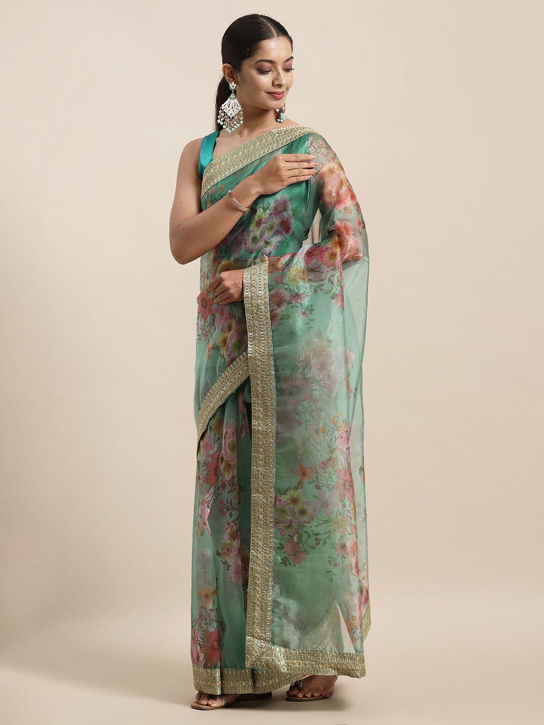 here&now turquoise blue floral printed sequinned organza saree