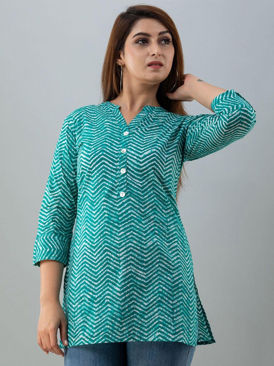 here&now turquoise blue mandarin collar chevron printed kurti