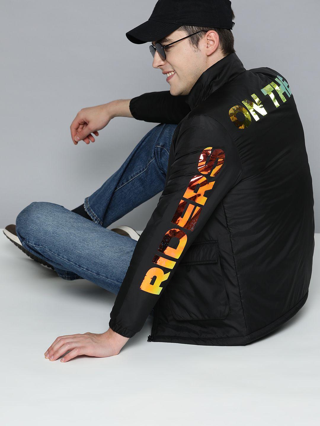 here&now typography printed mock collar padded jacket