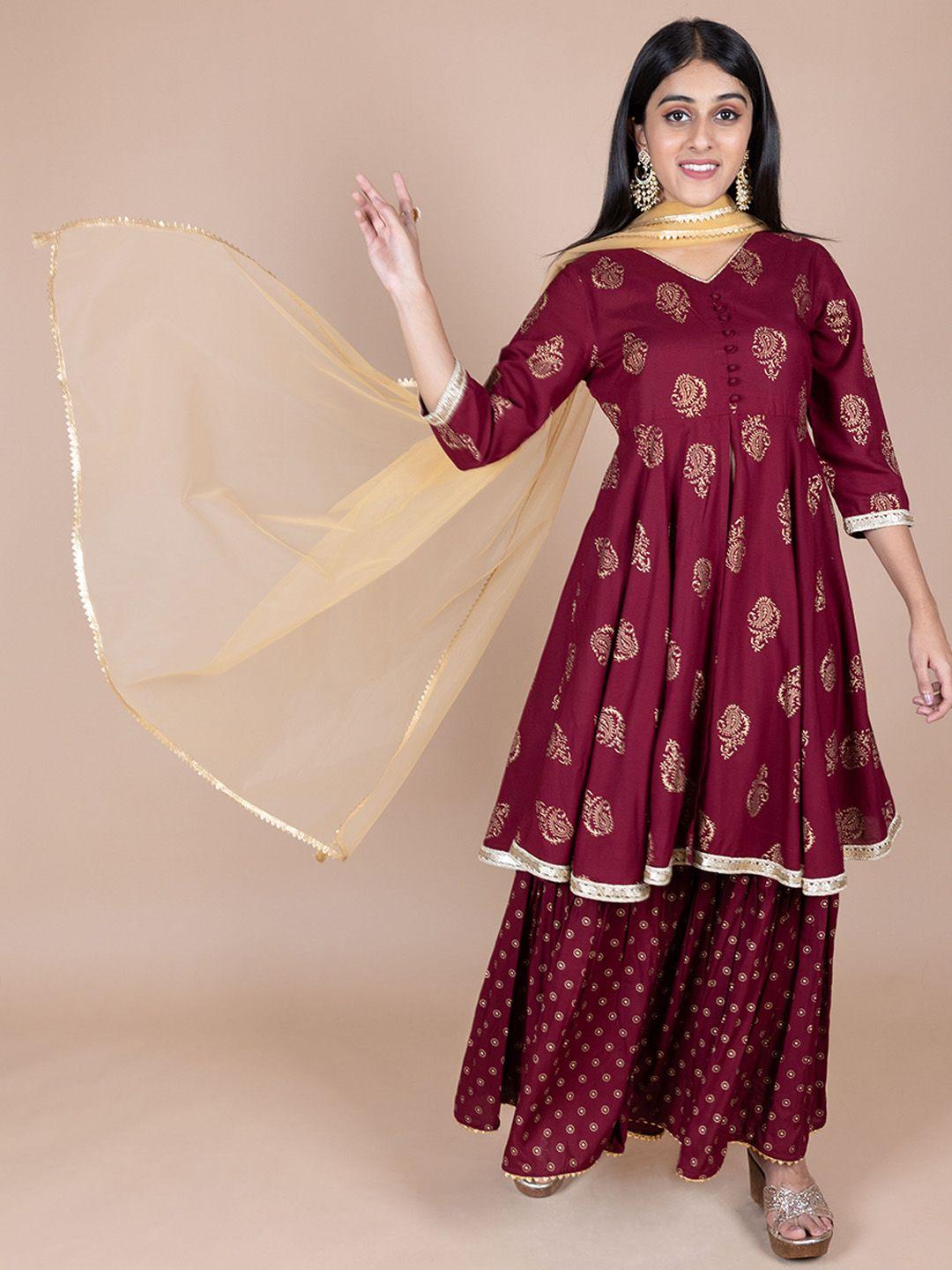 here&now violet & gold ethnic printed anarkali kurta with sharara with dupatta