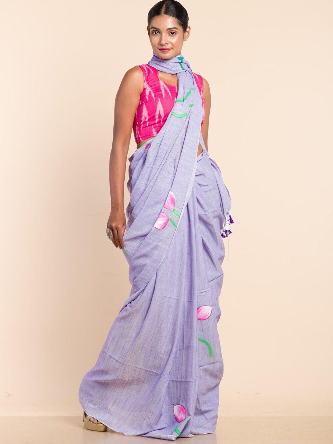 here&now violet & green floral pure cotton khadi saree