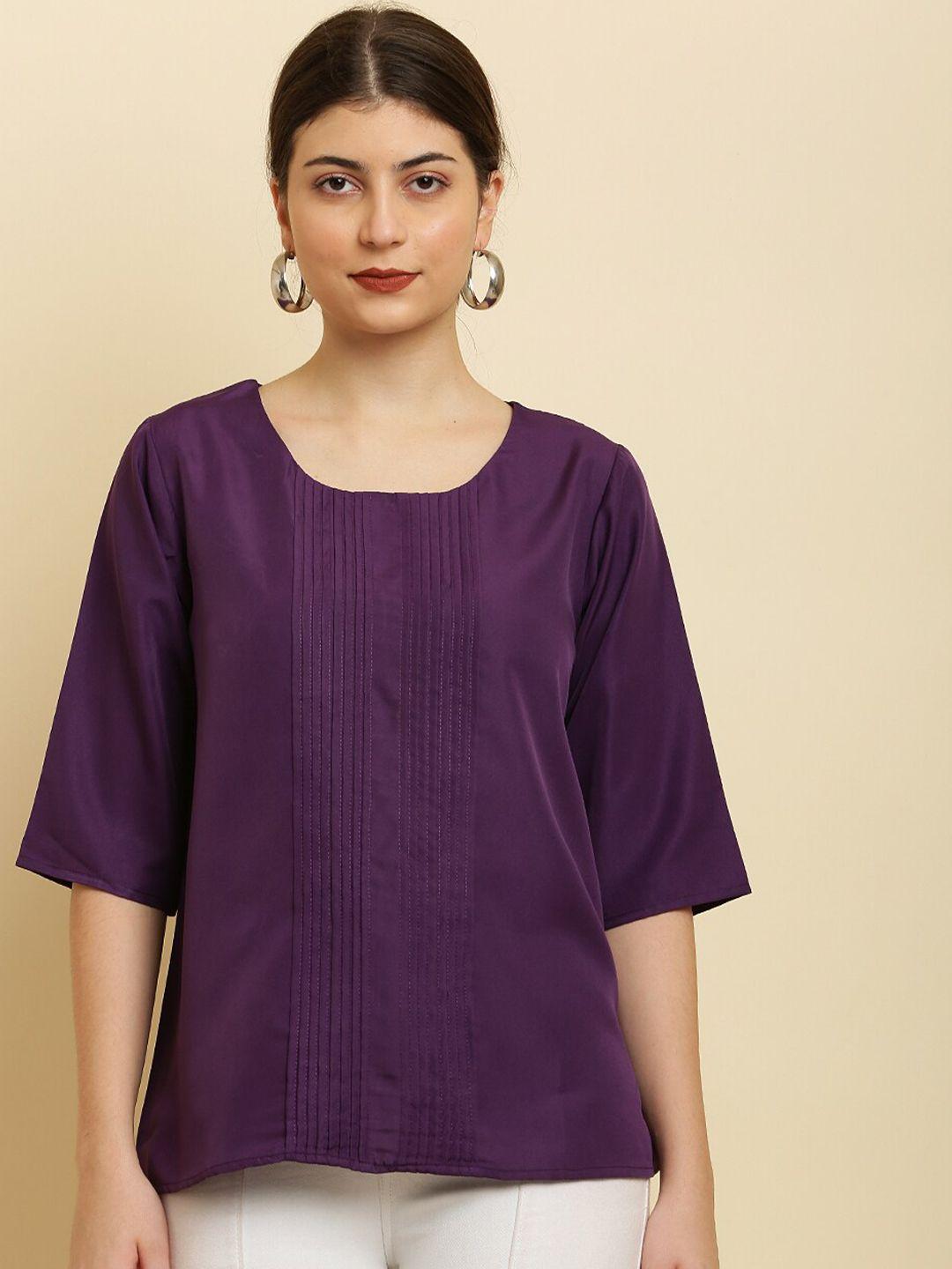 here&now violet round neck pin tucks top