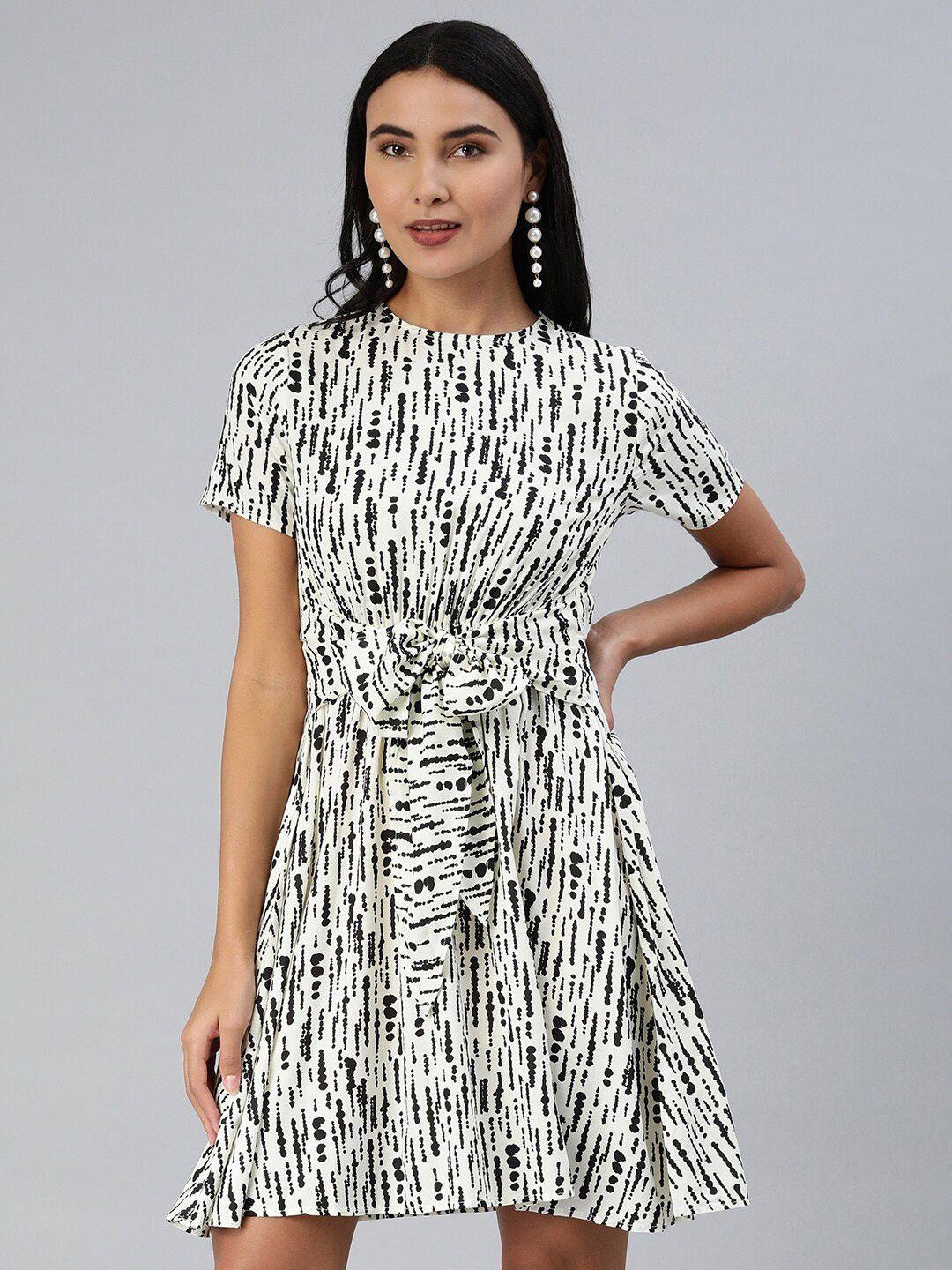 here&now white & black abstract printed tie-up detail fit & flare dress