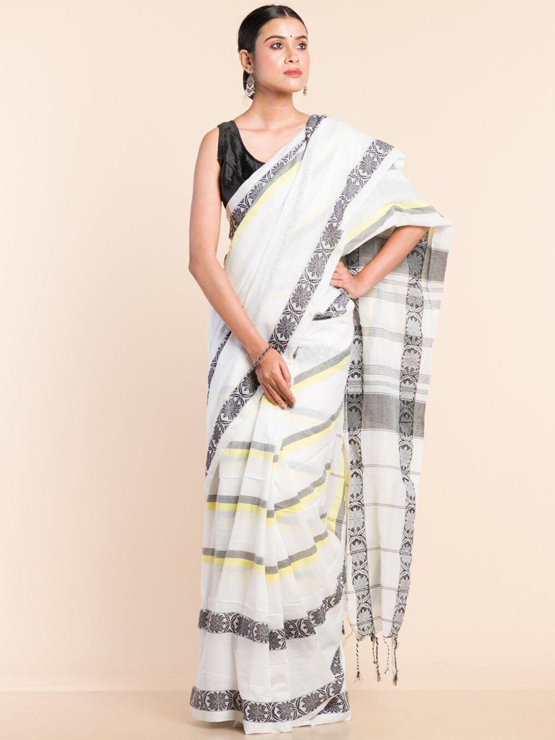 here&now white & black woven design pure cotton khadi saree