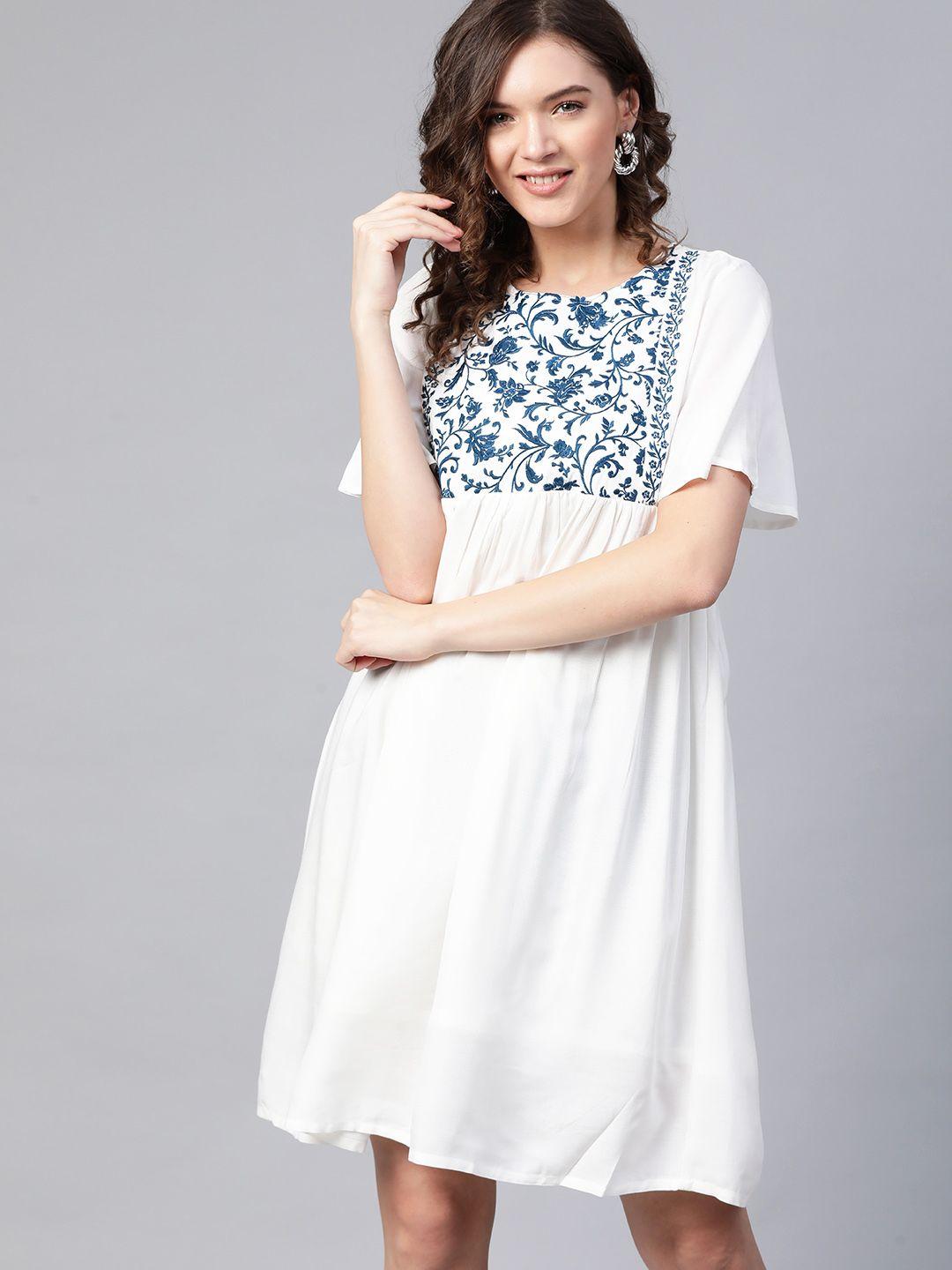 here&now white & blue ethnic motifs embroidered gathered a-line dress