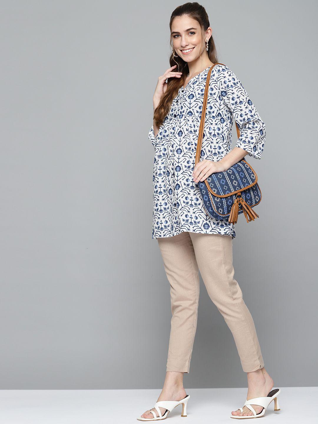 here&now white & blue ethnic motifs print pure cotton kurti