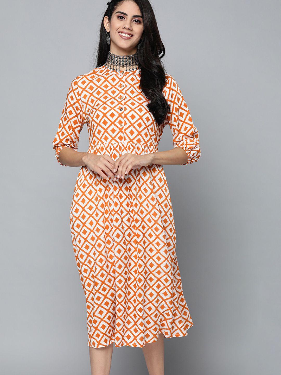 here&now white & mustard brown printed ethnic a-line midi dress