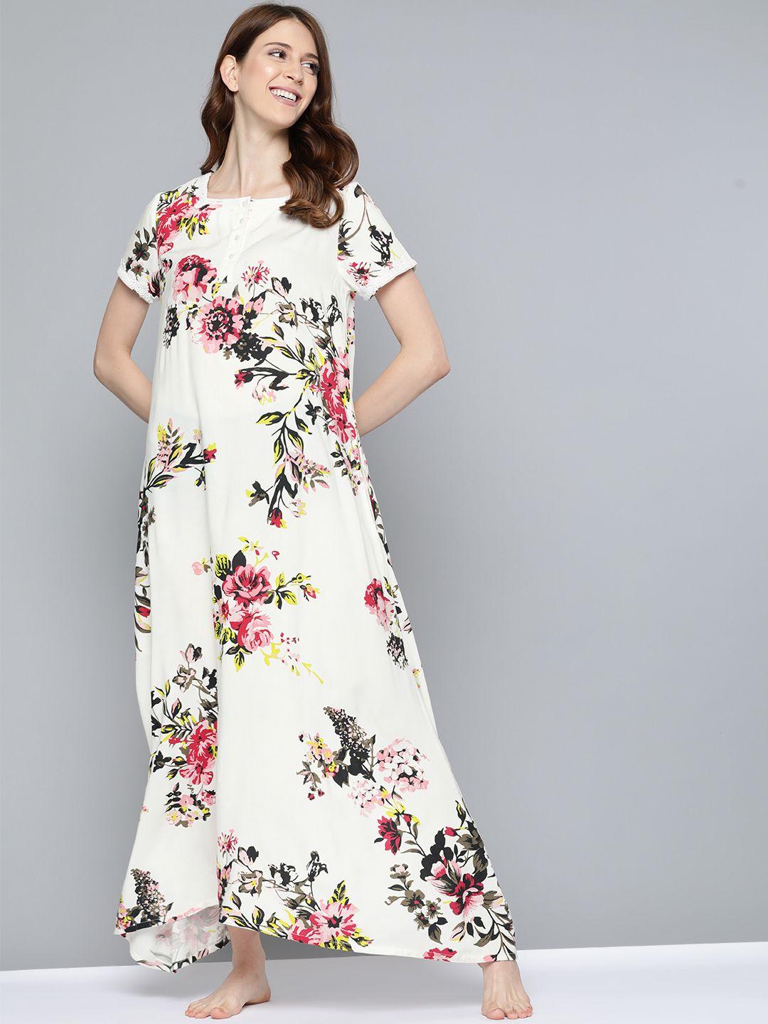 here&now white & pink floral print maxi nightdress
