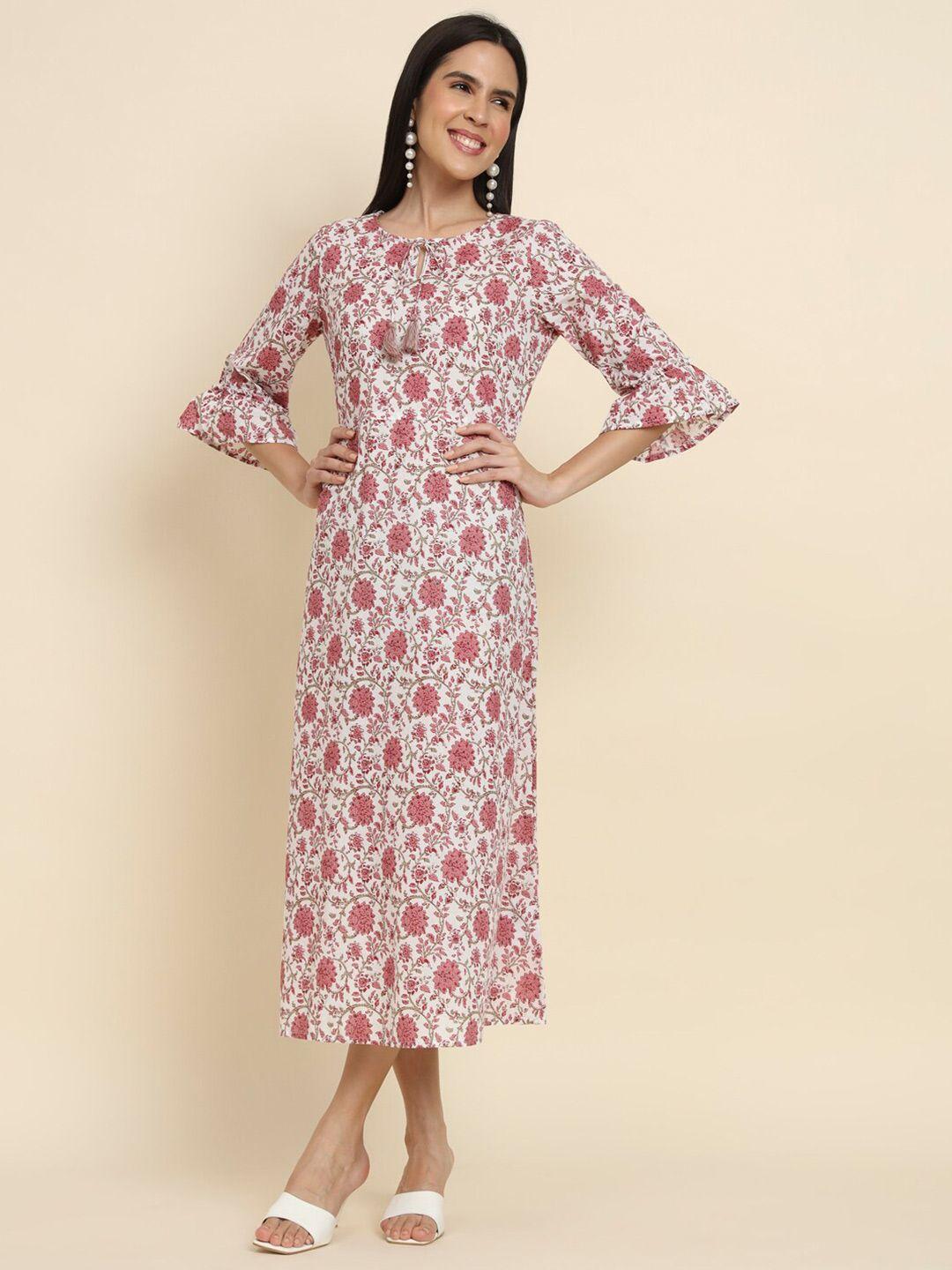 here&now white & pink floral printed bell sleeves a-line midi cotton dress