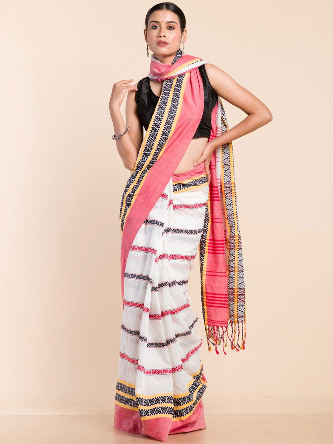 here&now white & pink woven design pure cotton khadi saree