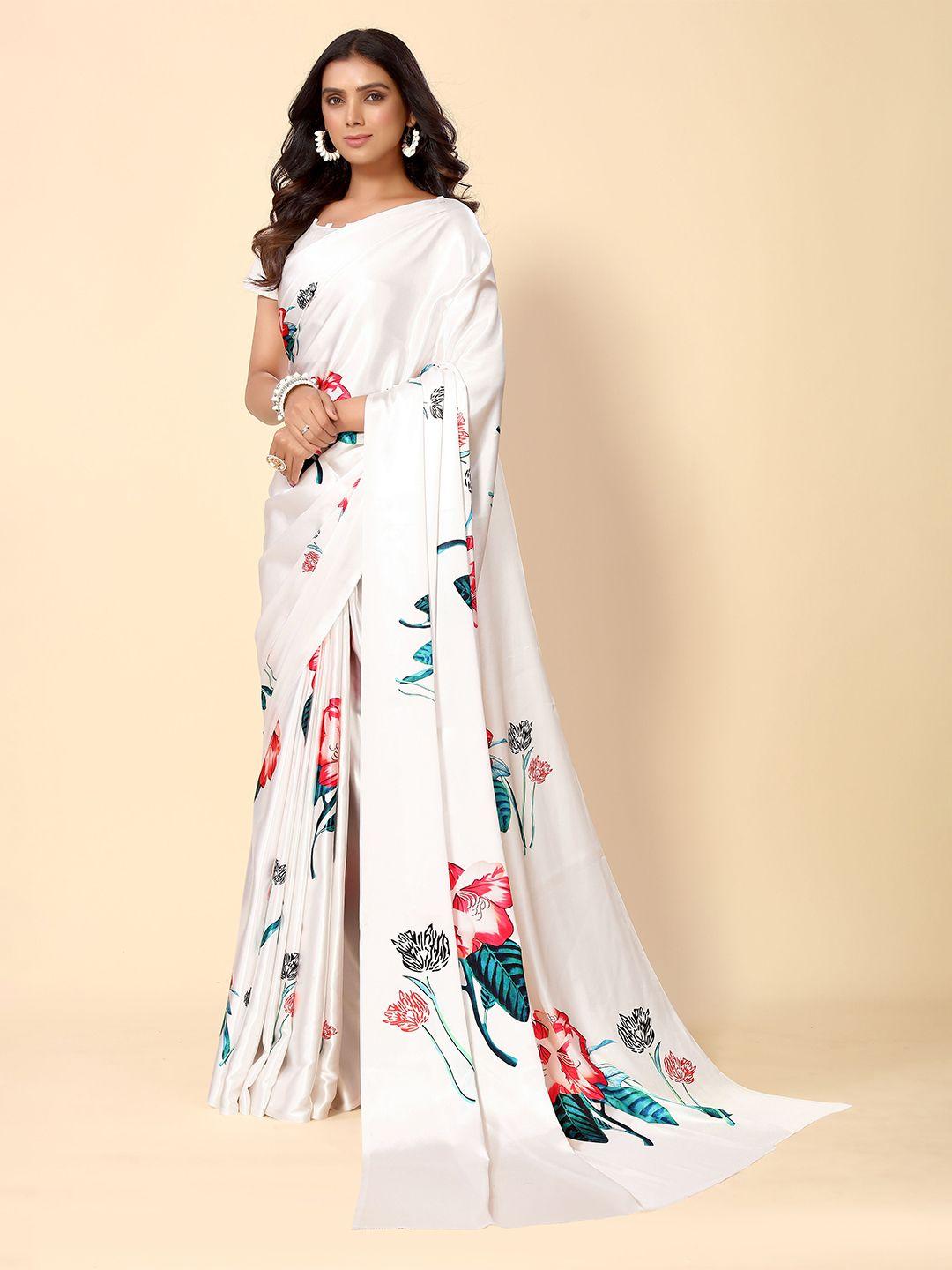 here&now white & red floral printed satin saree