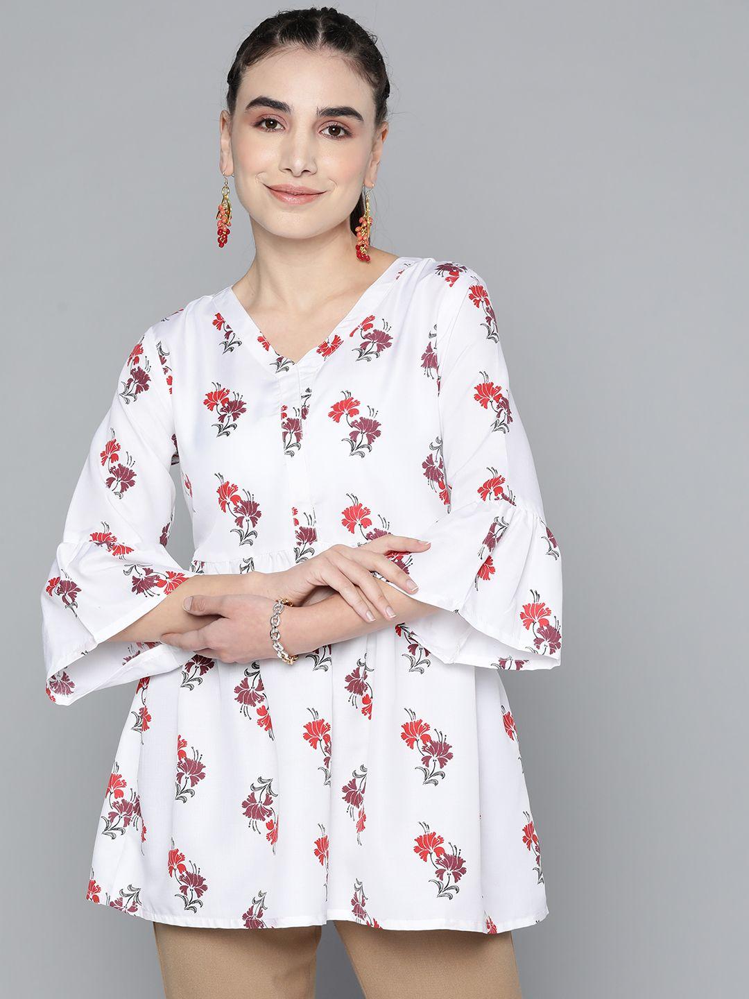 here&now white & red floral printed v-neck flared sleeves kurti