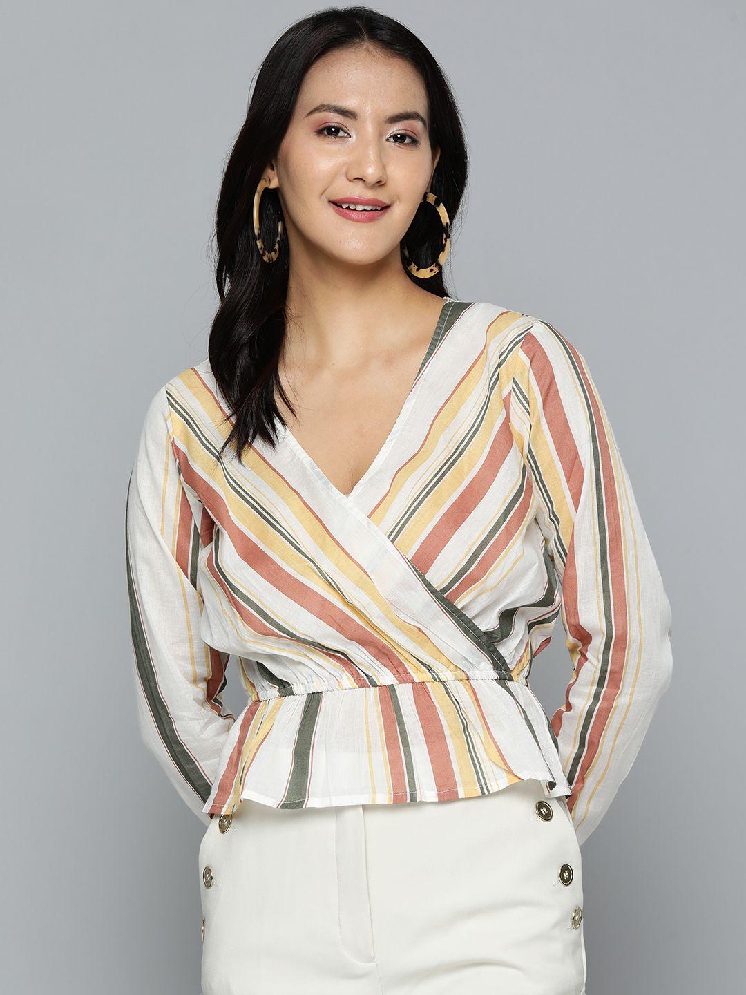 here&now white & yellow pure cotton striped wrap top