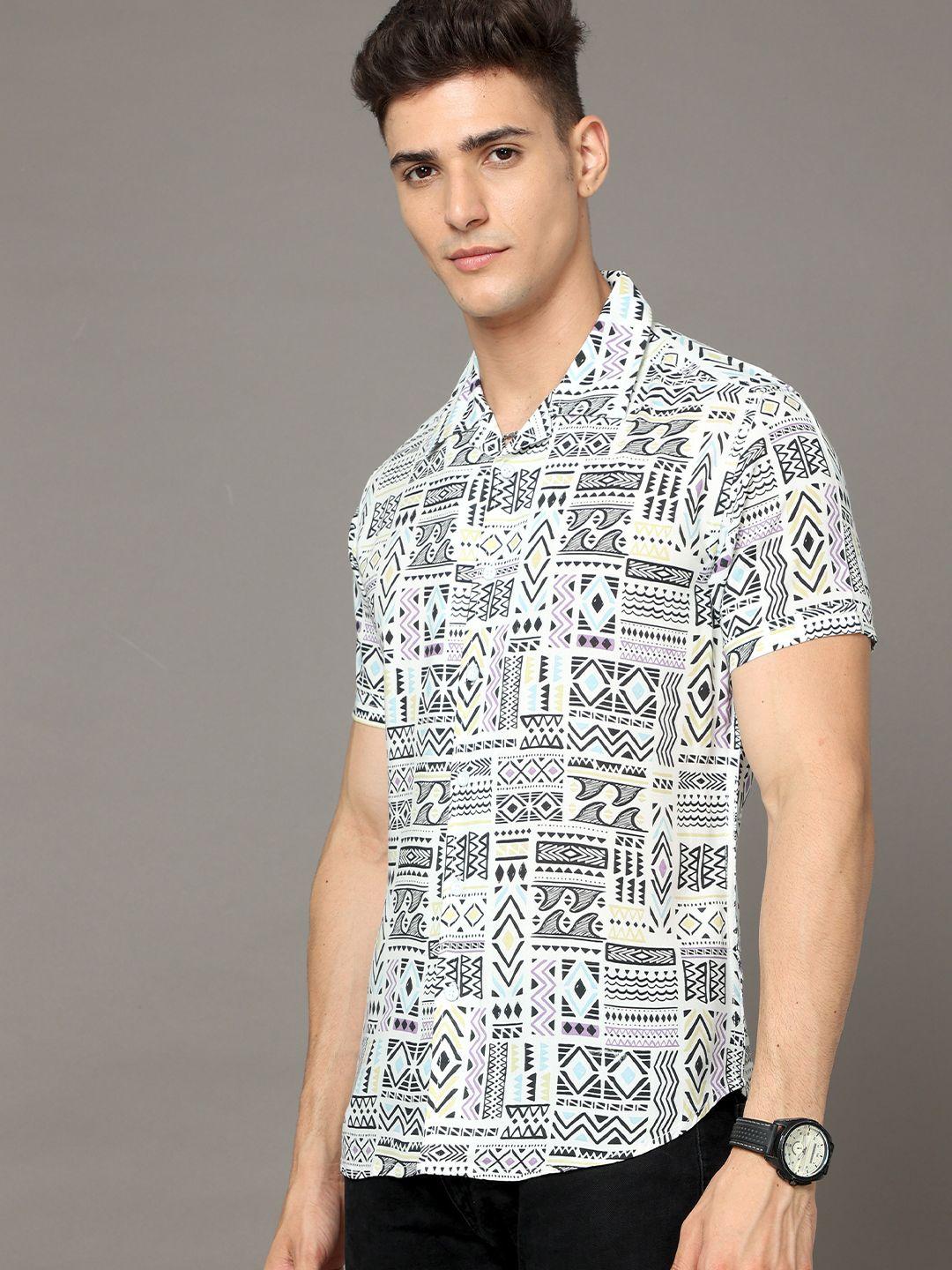 here&now white and black slim fit abstract printed cotton casual shirt