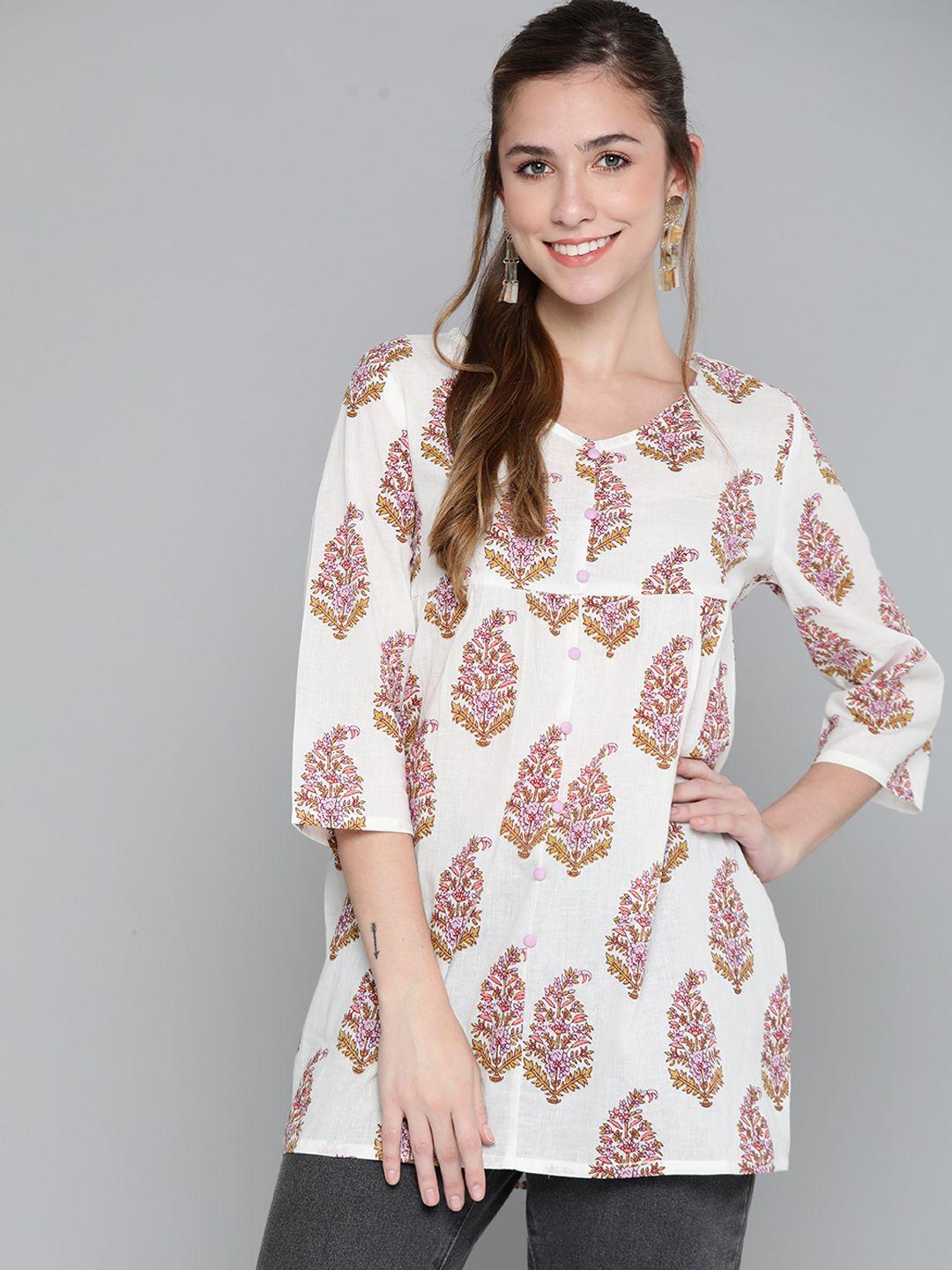 here&now white ethnic motifs printed pure cotton kurti