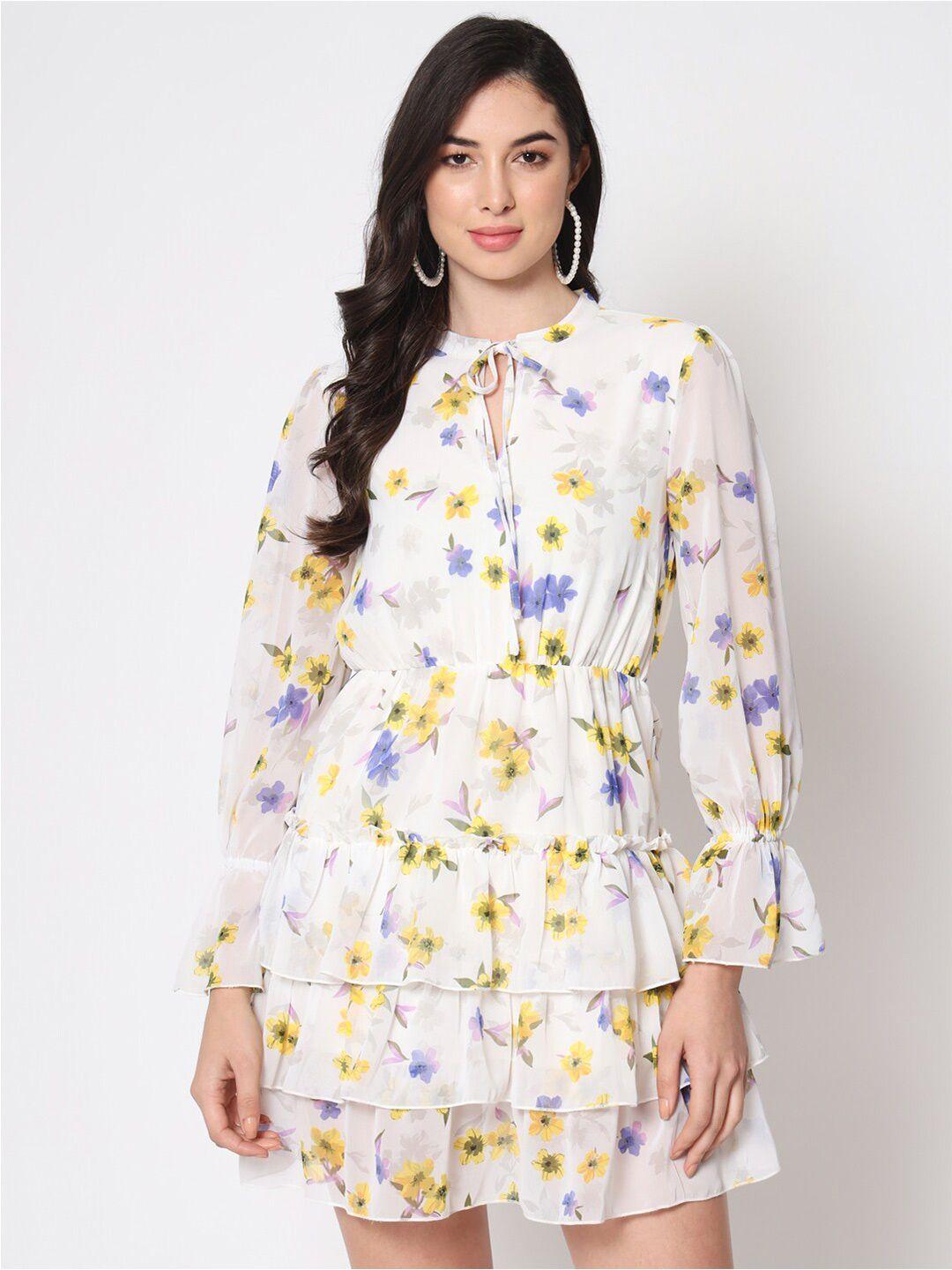 here&now white floral print tie-up neck bell sleeve georgette a-line dress