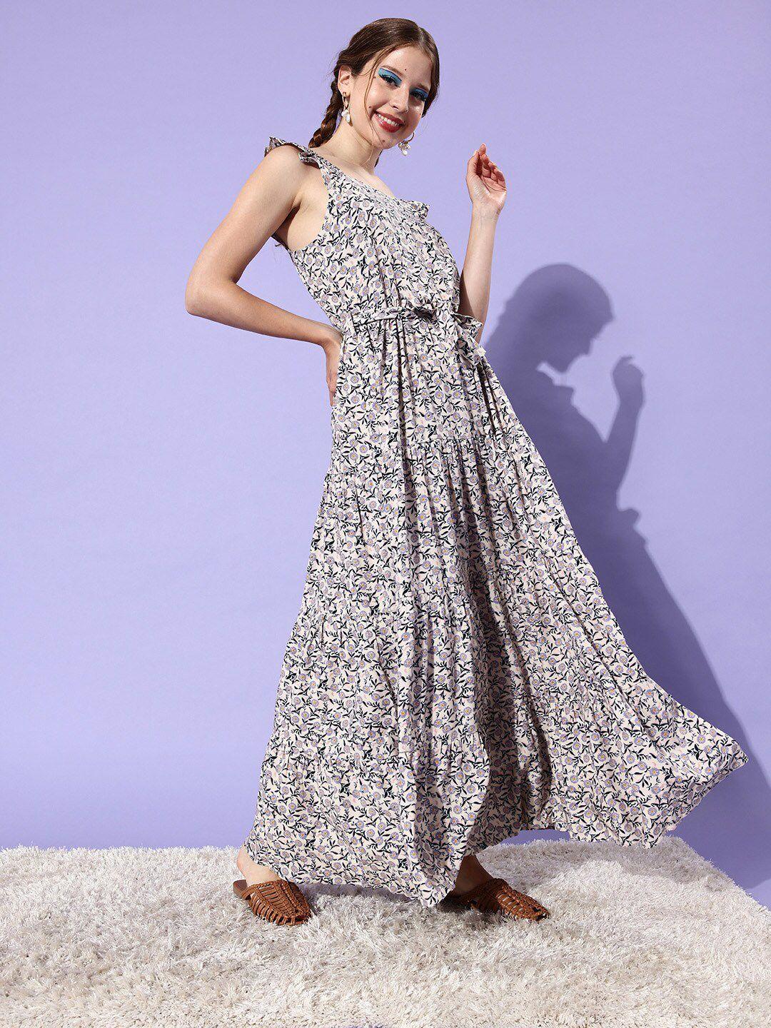 here&now white floral printed fit & flare maxi dress