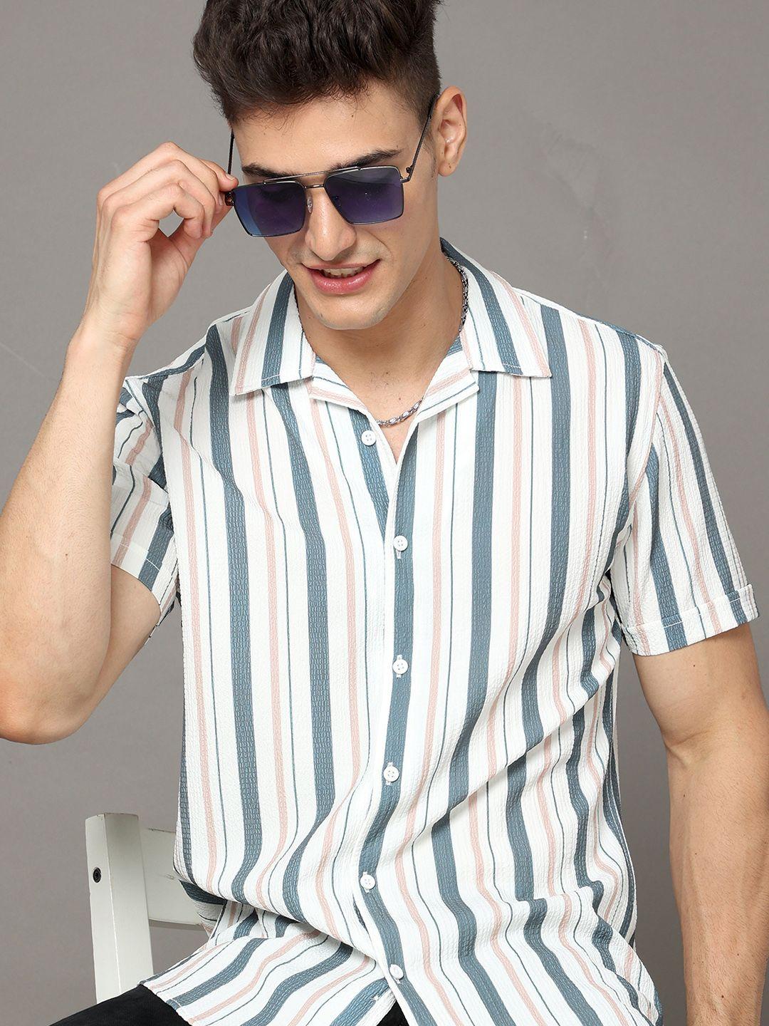 here&now white slim fit vertical striped cotton casual shirt