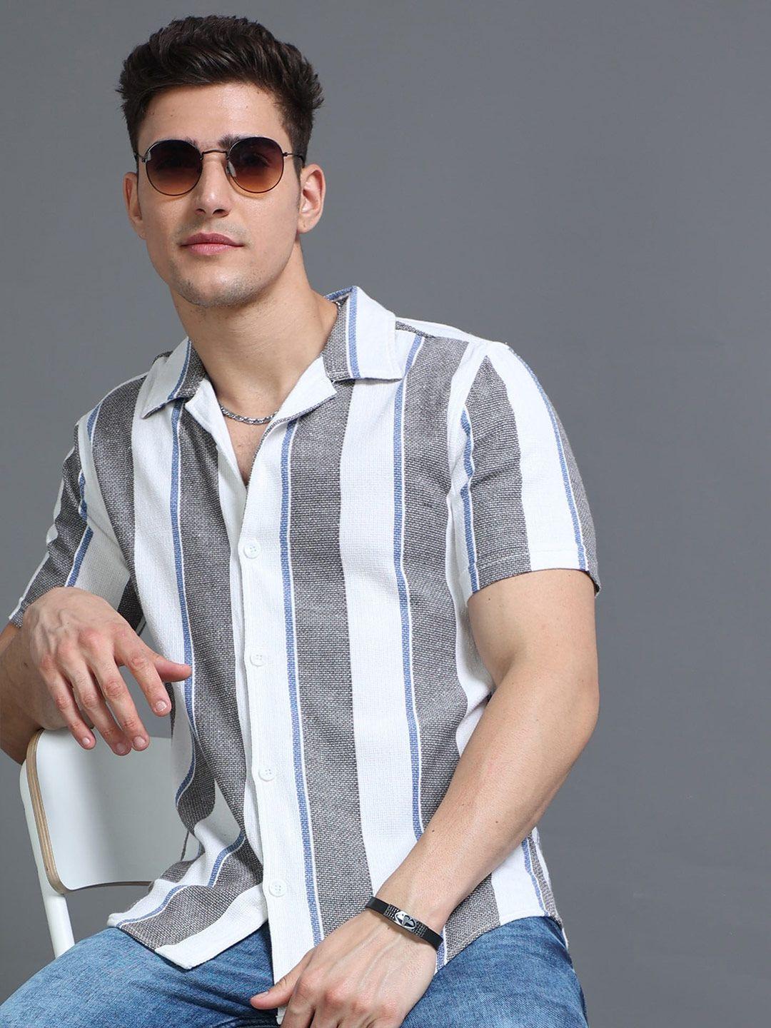 here&now white slim fit vertical striped cuban collar cotton casual shirt