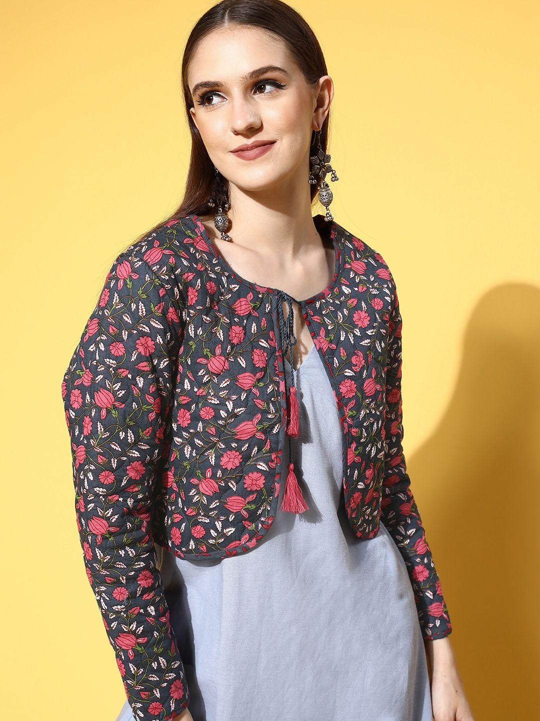 here&now women  grey floral fluid tie-up jacket