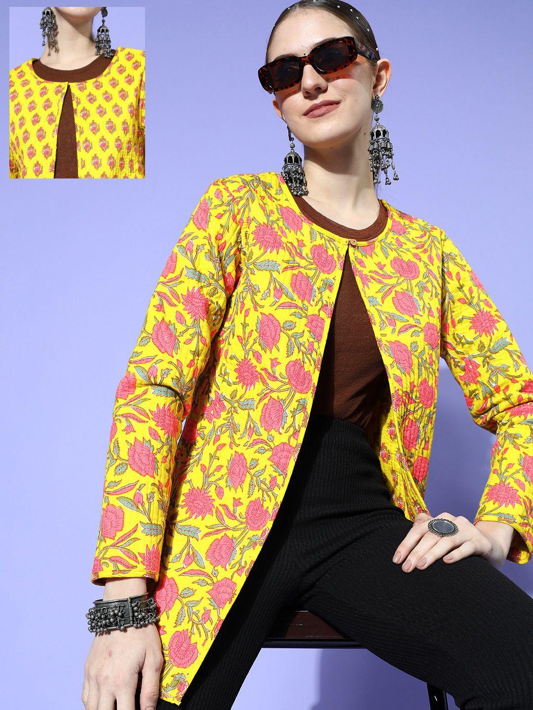 here&now women  mustard floral print mix jacket