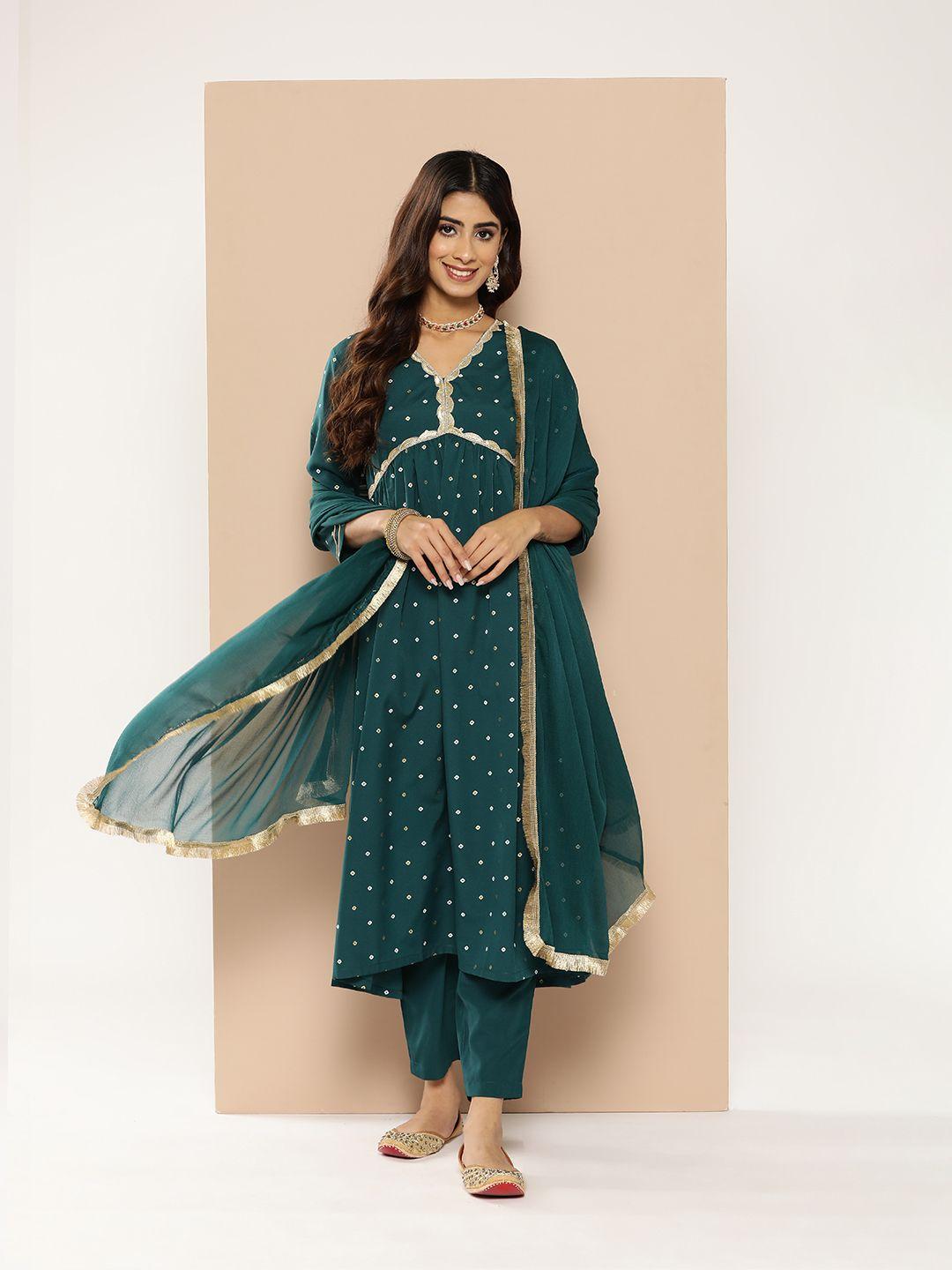 here&now women bandhani printed empire kurta with trousers & dupatta