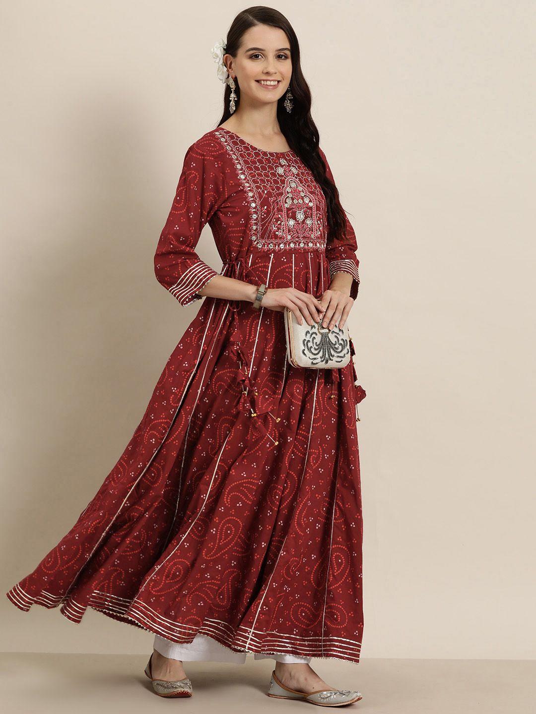 here&now women bandhani printed mirror work anarkali kurta