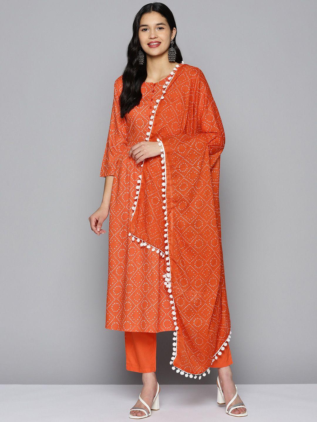 here&now women bandhani printed pleated a-line kurta with trousers & dupatta