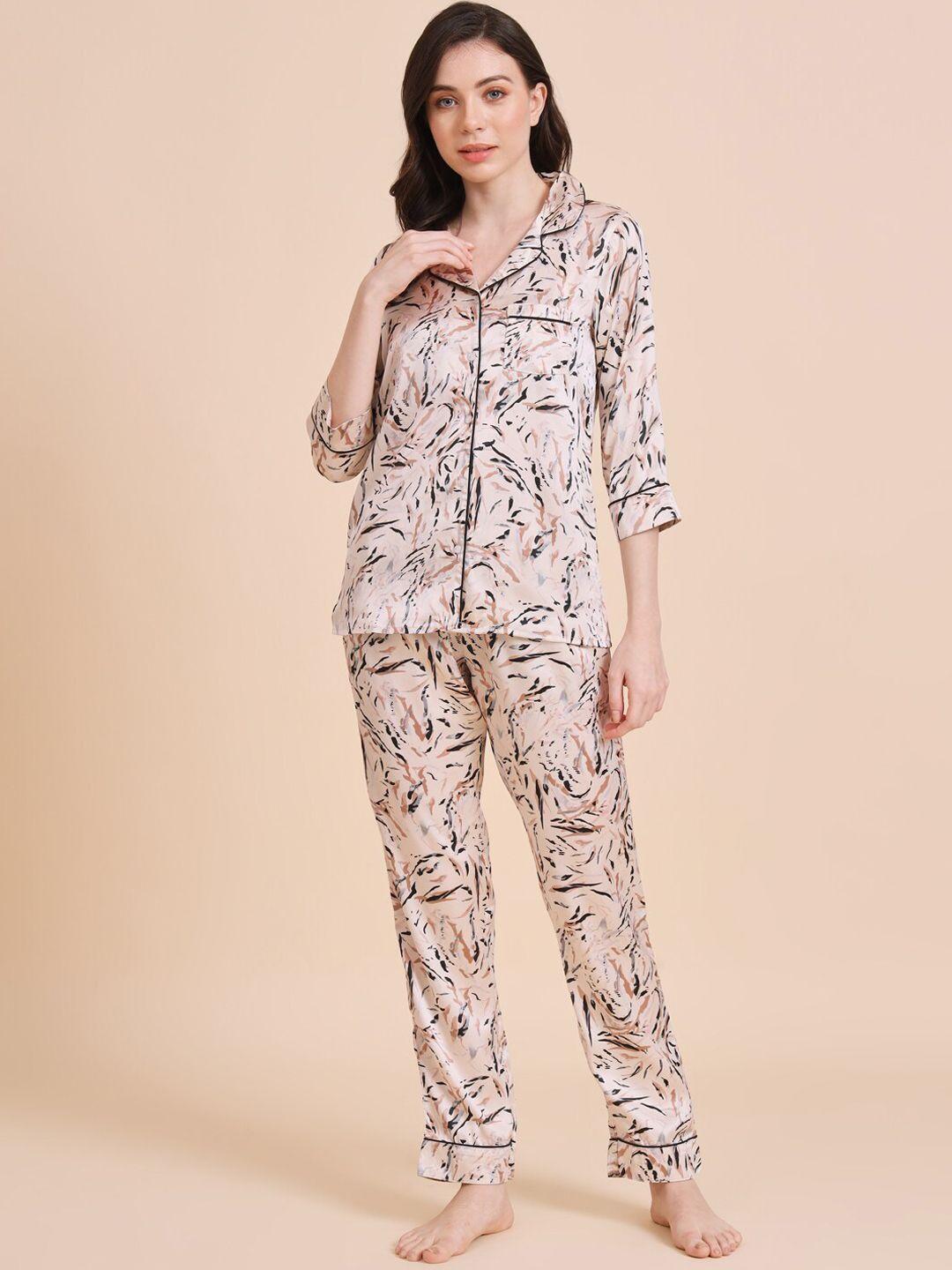 here&now women beige & black printed night suit