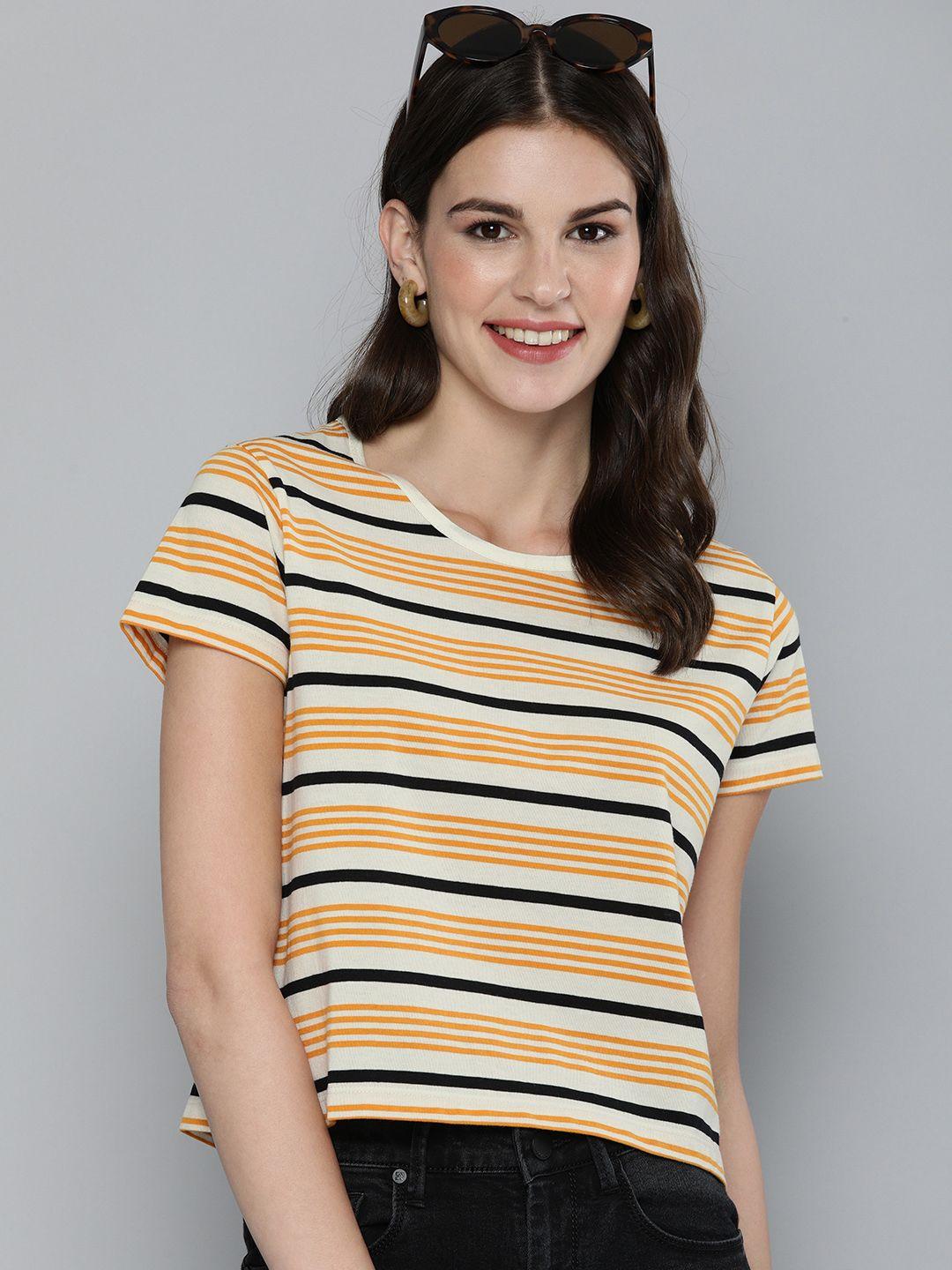 here&now women beige & mustard yellow striped round neck boxy crop t-shirt