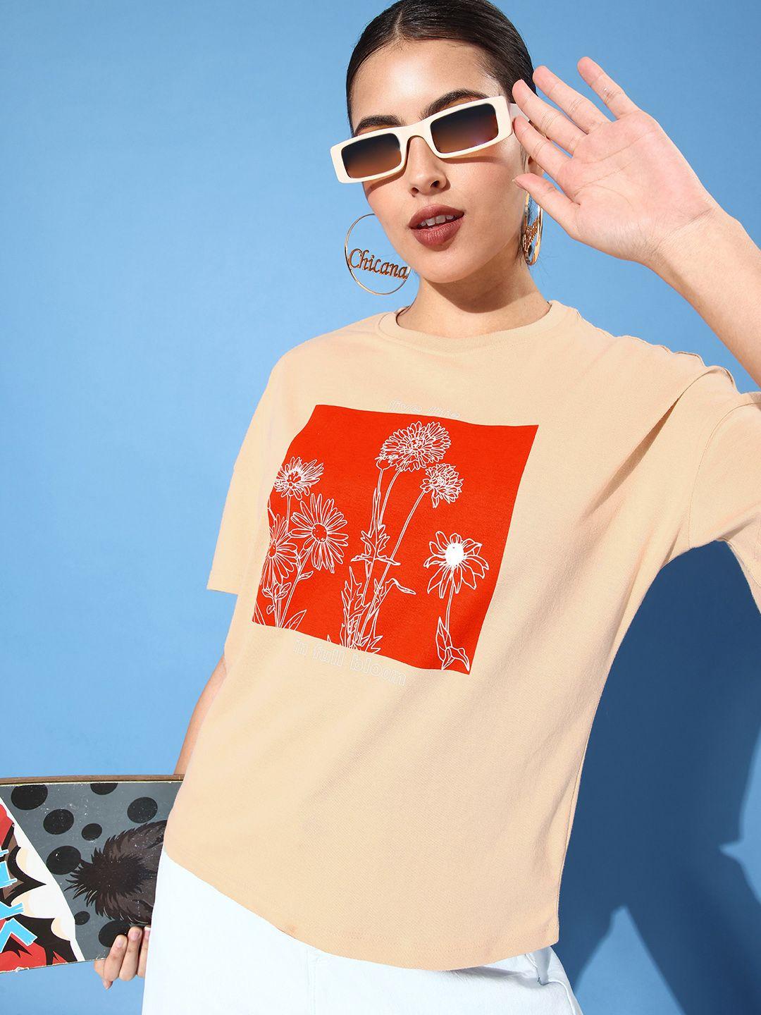 here&now women beige & orange floral printed round neck short sleeves casual t-shirt